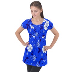 Blooming-seamless-pattern-blue-colors Puff Sleeve Tunic Top by Pakemis