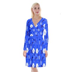 Blooming-seamless-pattern-blue-colors Long Sleeve Velvet Front Wrap Dress by Pakemis