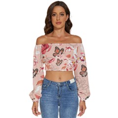 Beautiful-seamless-spring-pattern-with-roses-peony-orchid-succulents Long Sleeve Crinkled Weave Crop Top by Pakemis