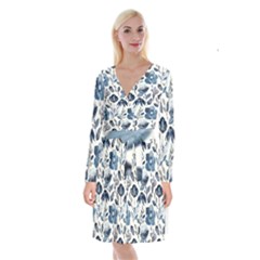 Indigo-watercolor-floral-seamless-pattern Long Sleeve Velvet Front Wrap Dress by Pakemis
