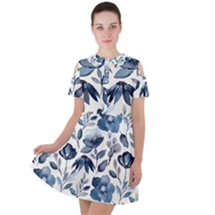 Indigo-watercolor-floral-seamless-pattern Short Sleeve Shoulder Cut Out Dress  by Pakemis