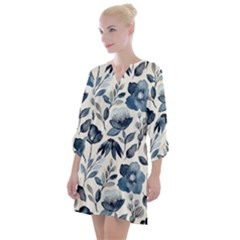 Indigo-watercolor-floral-seamless-pattern Open Neck Shift Dress by Pakemis