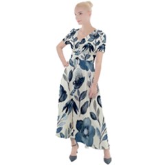 Indigo-watercolor-floral-seamless-pattern Button Up Short Sleeve Maxi Dress by Pakemis