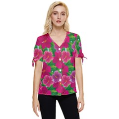 Background-cute-flowers-fuchsia-with-leaves Bow Sleeve Button Up Top by Pakemis