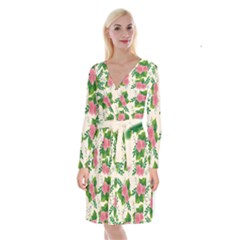 Cute-pink-flowers-with-leaves-pattern Long Sleeve Velvet Front Wrap Dress by Pakemis