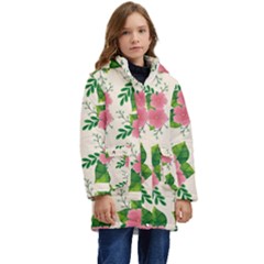Cute-pink-flowers-with-leaves-pattern Kid s Hooded Longline Puffer Jacket by Pakemis