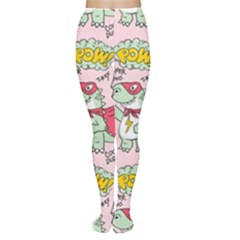 Seamless-pattern-with-many-funny-cute-superhero-dinosaurs-t-rex-mask-cloak-with-comics-style-inscrip Tights by Pakemis