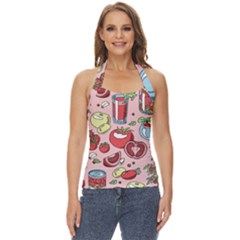 Tomato-seamless-pattern-juicy-tomatoes-food-sauce-ketchup-soup-paste-with-fresh-red-vegetables-backd Basic Halter Top by Pakemis