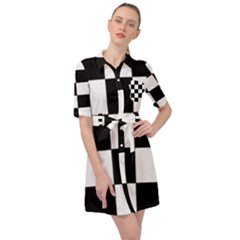 Grid-domino-bank-and-black Belted Shirt Dress by BangZart