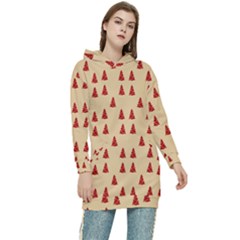 Red Christmas Tree Brown Women s Long Oversized Pullover Hoodie by TetiBright