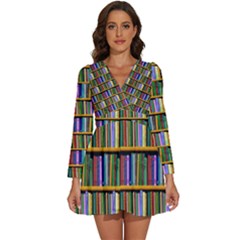 Books On A Shelf Long Sleeve V-neck Chiffon Dress  by TetiBright