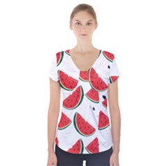 Watermelon Seamless Pattern Short Sleeve Front Detail Top by Jancukart
