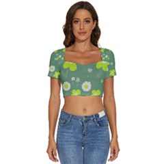 Daisy Flowers Lime Green White Forest Green  Short Sleeve Square Neckline Crop Top  by Mazipoodles