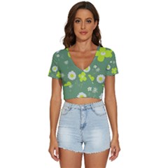 Daisy Flowers Lime Green White Forest Green  V-neck Crop Top by Mazipoodles