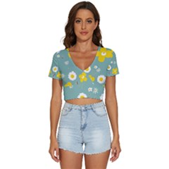 Daisy Flowers Yellow White Brown Sage Green  V-neck Crop Top by Mazipoodles