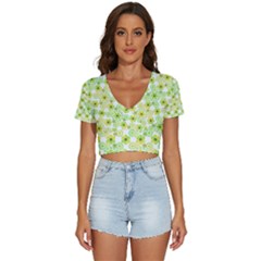 Bitesize Flowers Pearls And Donuts Yellow Green Check White V-neck Crop Top by Mazipoodles