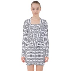 Black And White Tribal Print Pattern V-neck Bodycon Long Sleeve Dress by dflcprintsclothing