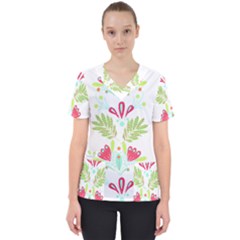 Batik T- Shirt Batik Flowers Pattern T- Shirt Women s V-neck Scrub Top by maxcute
