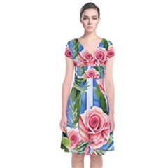 Chic Watercolor Flowers Short Sleeve Front Wrap Dress by GardenOfOphir