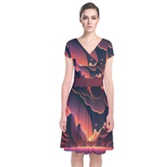 Fire Flame Burn Hot Heat Light Burning Orange Short Sleeve Front Wrap Dress by Ravend