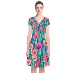 Blossom-filled Watercolor Flowers Short Sleeve Front Wrap Dress by GardenOfOphir
