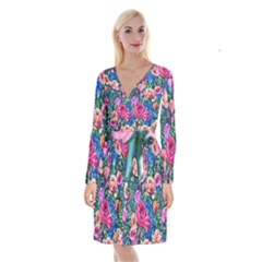 Bright And Brilliant Watercolor Flowers Long Sleeve Velvet Front Wrap Dress by GardenOfOphir