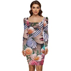 Whimsy Lady Combined Watercolor Flowers Women Long Sleeve Ruched Stretch Jersey Dress by GardenOfOphir