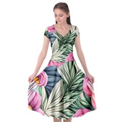 Delightful Watercolor Flowers And Foliage Cap Sleeve Wrap Front Dress by GardenOfOphir