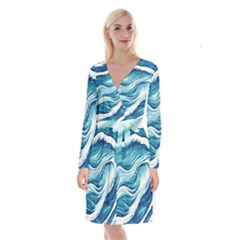 Abstract Blue Ocean Waves Long Sleeve Velvet Front Wrap Dress by GardenOfOphir