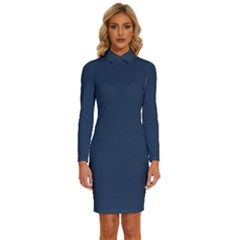 Navy Peony Blue	 - 	long Sleeve Shirt Collar Bodycon Dress by ColorfulDresses