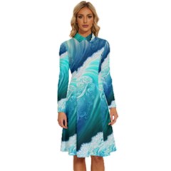 Abstract Waves In Blue And Green Long Sleeve Shirt Collar A-line Dress by GardenOfOphir
