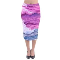 Abstract Pink Ocean Waves Velvet Midi Pencil Skirt by GardenOfOphir