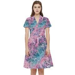 Ocean Waves In Pink Ii Short Sleeve Waist Detail Dress by GardenOfOphir