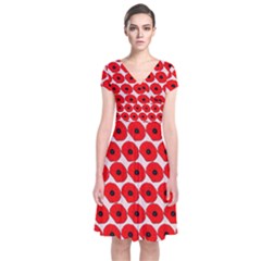 Red Peony Flower Pattern Short Sleeve Front Wrap Dress by GardenOfOphir