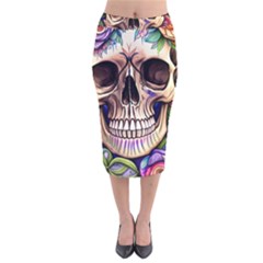 Retro Gothic Skull With Flowers - Cute And Creepy Velvet Midi Pencil Skirt by GardenOfOphir