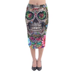 Retro Floral Skull Velvet Midi Pencil Skirt by GardenOfOphir