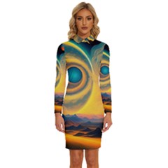 Ai Generated Surrealist Fantasy Dream Moon Space Long Sleeve Shirt Collar Bodycon Dress by Jancukart