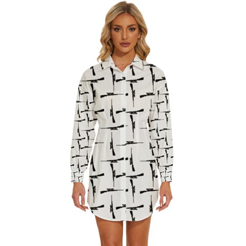 Precision Pursuit: Hunting Motif Black And White Pattern Womens Long Sleeve Shirt Dress by dflcprintsclothing
