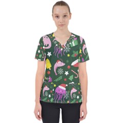 Colorful Funny Christmas Pattern Women s V-neck Scrub Top by Semog4