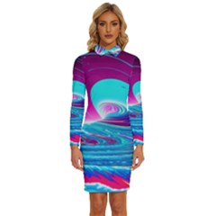 Tsunami Waves Ocean Sea Nautical Nature Water 3 Long Sleeve Shirt Collar Bodycon Dress by Jancukart