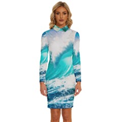 Tsunami Waves Ocean Sea Nautical Nature Water Blue Nature Long Sleeve Shirt Collar Bodycon Dress by Jancukart