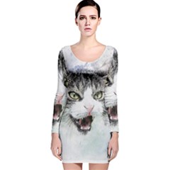 Cat Pet Art Abstract Watercolor Long Sleeve Velvet Bodycon Dress by Jancukart