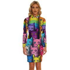Cats Rainbow Pattern Colorful Feline Pets Long Sleeve Shirt Collar Bodycon Dress by Ravend