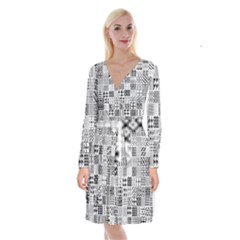 Black And White Geometric Patterns Long Sleeve Velvet Front Wrap Dress by Bakwanart