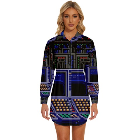 Blue Computer Monitor With Chair Game Digital Wallpaper, Digital Art Womens Long Sleeve Shirt Dress by Bakwanart