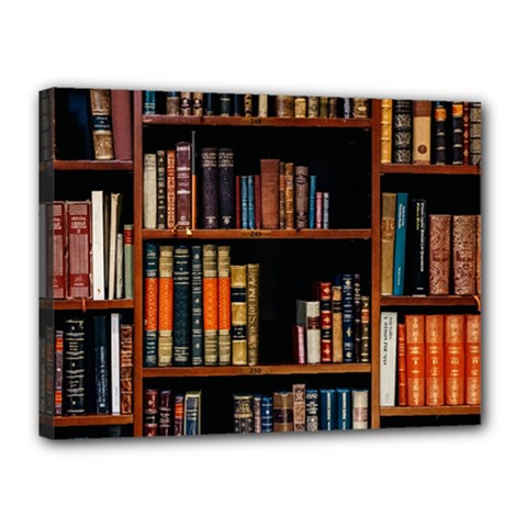 Assorted Title Of Books Piled In The Shelves Assorted Book Lot Inside The Wooden Shelf Canvas 16  X 12  (stretched) by 99art
