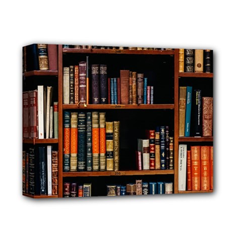 Assorted Title Of Books Piled In The Shelves Assorted Book Lot Inside The Wooden Shelf Deluxe Canvas 14  X 11  (stretched) by 99art