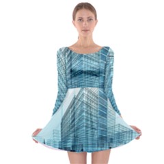 Architecture Blue Drawing Engineering City Modern Building Exterior Long Sleeve Skater Dress by 99art