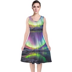 Aurora Borealis Polar Northern Lights Natural Phenomenon North Night Mountains V-neck Midi Sleeveless Dress  by B30l