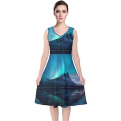 Aurora Borealis Mountain Reflection V-neck Midi Sleeveless Dress  by B30l